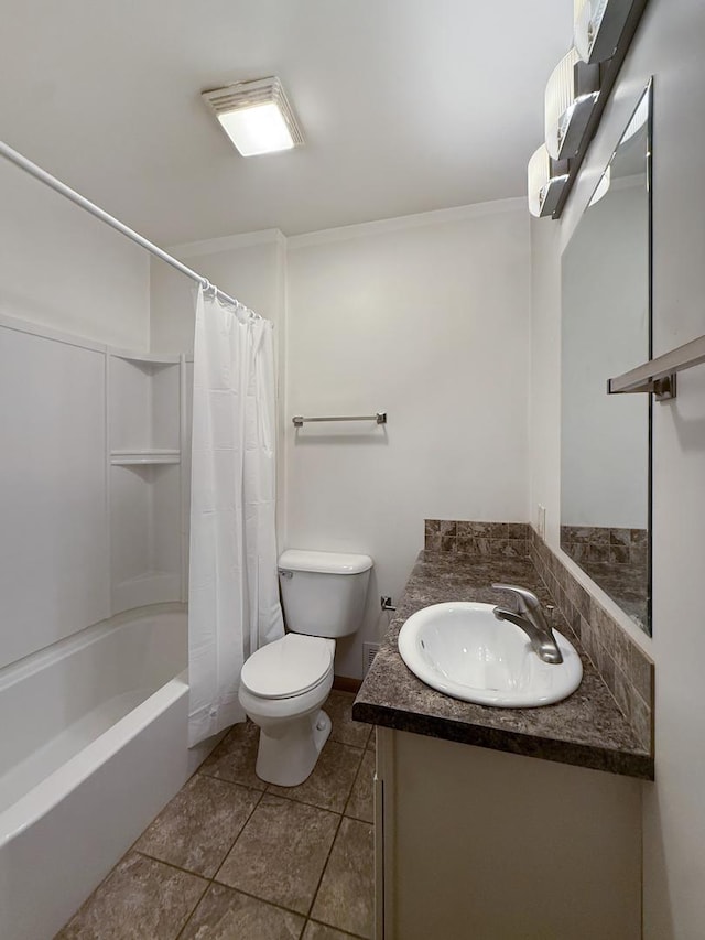 111 E Roosevelt St, Freeport, IL 61032 - bathroom with vanity, toilet, tile patterned flooring, shower / bathtub combination with curtain, and ornamental molding