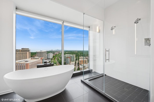 1720 Maple Ave Unit 2710, Evanston, IL 60201 - bathroom with a stall shower, a freestanding bath, a city view, and tile patterned floors