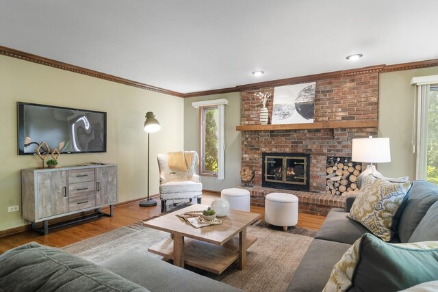 1422 Kirkwall Ct, Inverness, IL 60010 - living room with wood finished floors, crown molding, baseboards, a brick fireplace, and recessed lighting