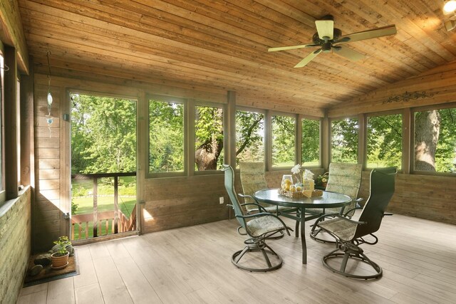 1422 Kirkwall Ct, Inverness, IL 60010 - sunroom / solarium featuring outdoor dining space, ceiling fan, a wooden deck, vaulted ceiling, and wooden ceiling