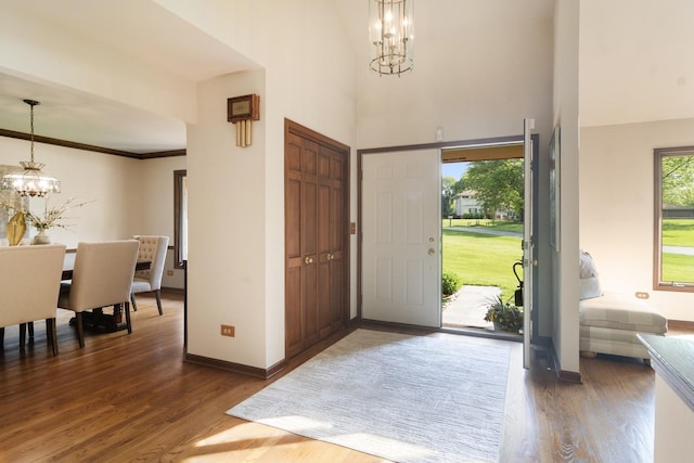 1422 Kirkwall Ct, Inverness, IL 60010 - entryway featuring a chandelier, dark wood-type flooring, baseboards, and a high ceiling