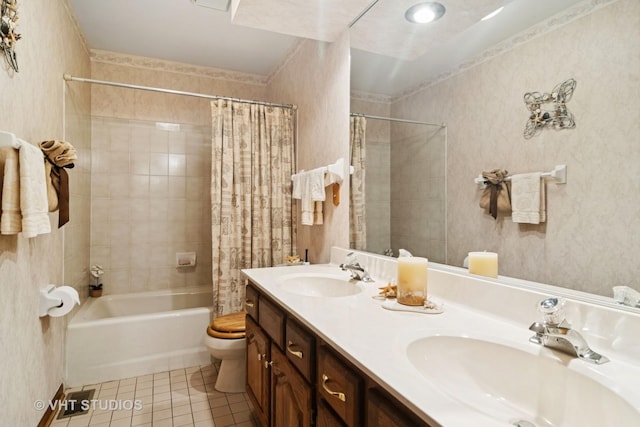 1422 Kirkwall Ct, Inverness, IL 60010 - full bathroom with shower / bath combination with curtain, tile patterned floors, toilet, and double vanity