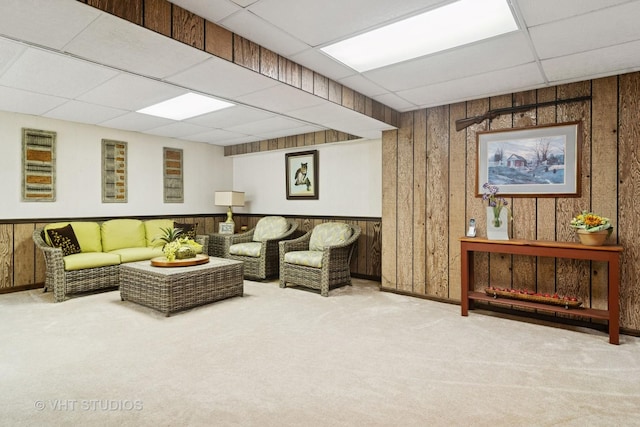 1422 Kirkwall Ct, Inverness, IL 60010 - carpeted living room featuring a paneled ceiling and wooden walls