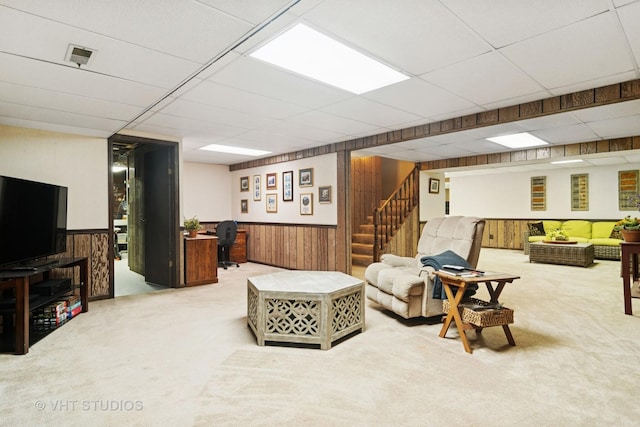 1422 Kirkwall Ct, Inverness, IL 60010 - carpeted living room with stairs, wooden walls, a drop ceiling, a desk, and a wainscoted wall