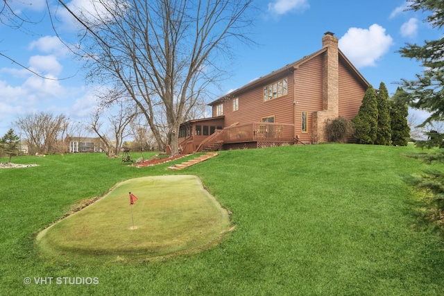 1422 Kirkwall Ct, Inverness, IL 60010 - view of grassy yard with a putting green, a wooden deck, and stairway