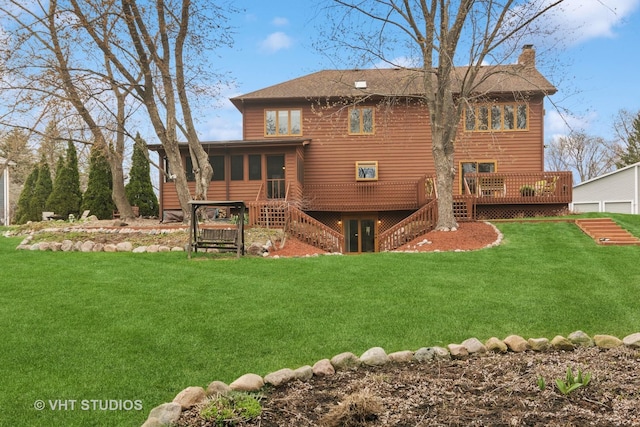 1422 Kirkwall Ct, Inverness, IL 60010 - rear view of house with a sunroom, a chimney, a deck, a lawn, and stairway