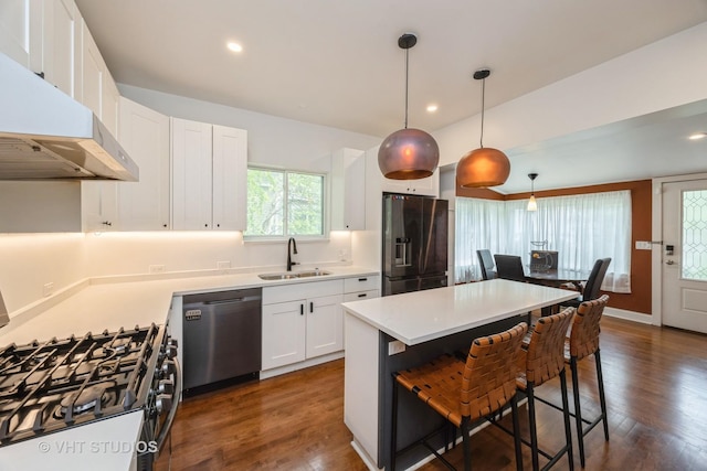 1019 Lyman Ave, Oak Park, IL 60304 - kitchen featuring appliances with stainless steel finishes, exhaust hood, white cabinets, a breakfast bar, and a center island