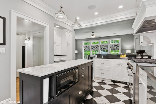 739 Jackson Ave, River Forest, IL 60305 - kitchen featuring high end stainless steel range, black microwave, custom exhaust hood, white cabinetry, and crown molding