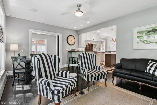 739 Jackson Ave, River Forest, IL 60305 - living room featuring dark wood finished floors, a ceiling fan, and recessed lighting