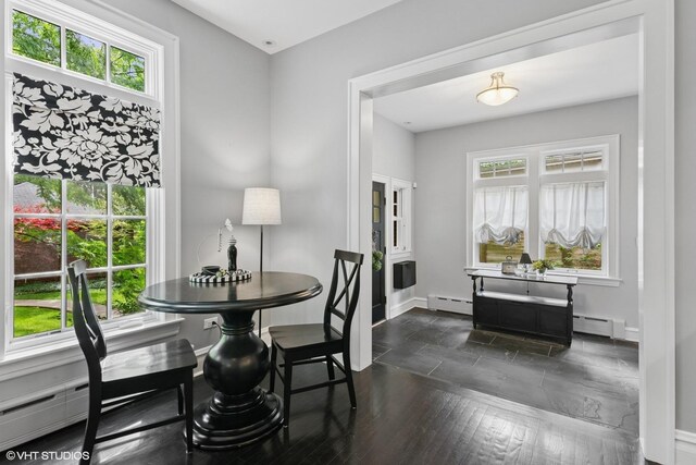739 Jackson Ave, River Forest, IL 60305 - dining room featuring baseboard heating, plenty of natural light, and dark wood-style floors