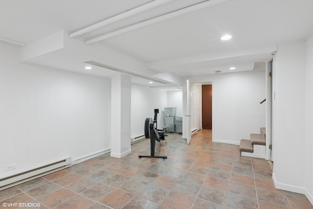 739 Jackson Ave, River Forest, IL 60305 - workout room featuring baseboard heating, stone tile flooring, and recessed lighting
