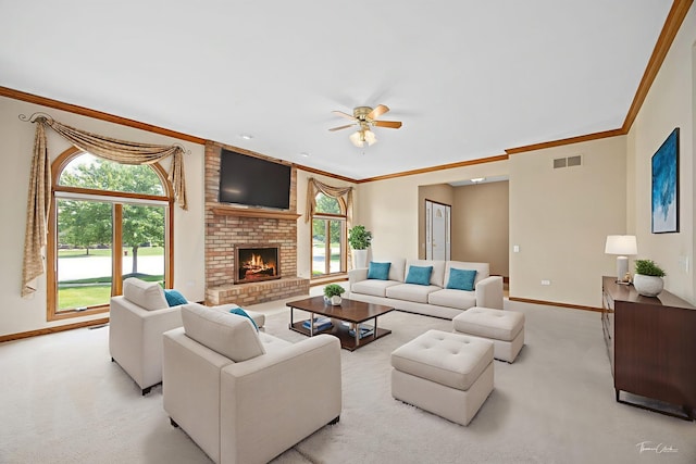 1658 Bayhill Dr, New Lenox, IL 60451 - living area featuring baseboards, ornamental molding, light colored carpet, a ceiling fan, and a brick fireplace