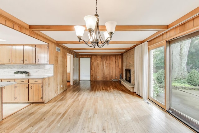 1904 Birch Rd, Northbrook, IL 60062 - unfurnished living room featuring beam ceiling, light wood-type flooring, wood walls, a chandelier, and a fireplace