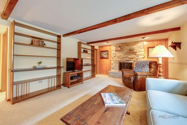1103 S Belmont Ave, Arlington Heights, IL 60005 - living area featuring beamed ceiling, light colored carpet, and a fireplace