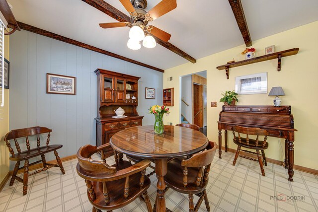 1103 S Belmont Ave, Arlington Heights, IL 60005 - dining area with light floors, beamed ceiling, and a ceiling fan
