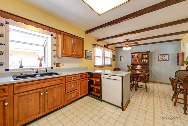 1103 S Belmont Ave, Arlington Heights, IL 60005 - kitchen featuring white dishwasher, a peninsula, brown cabinets, light countertops, and beamed ceiling