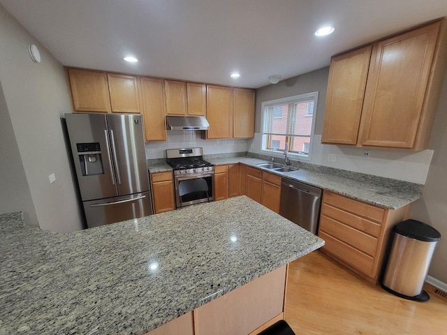 3041 W Pope John Paul Ii Dr, Chicago, IL 60638 - kitchen featuring appliances with stainless steel finishes, under cabinet range hood, light stone countertops, light wood-type flooring, and a sink
