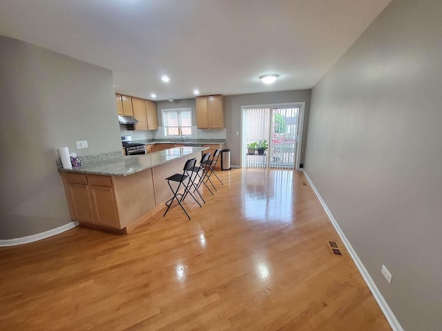 3041 W Pope John Paul Ii Dr, Chicago, IL 60638 - kitchen with gas stove, baseboards, light brown cabinets, a peninsula, and recessed lighting