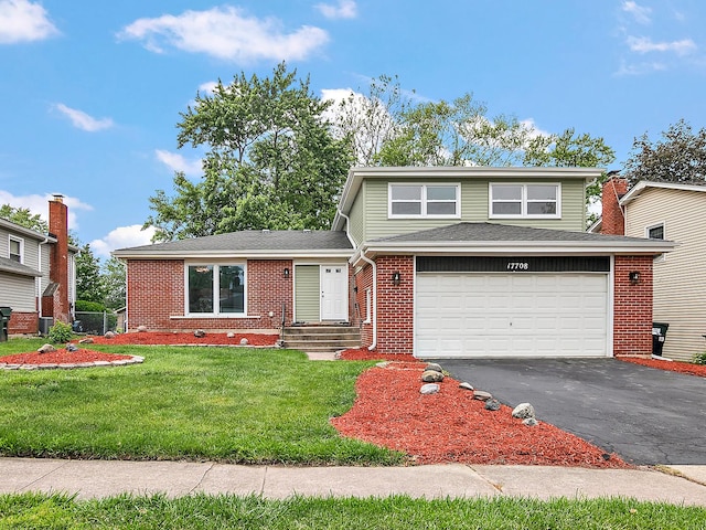 17708 Pebblewood Ln, Hazel Crest, IL 60429 - tri-level home with driveway, brick siding, a garage, and a shingled roof