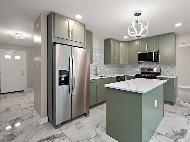 17708 Pebblewood Ln, Hazel Crest, IL 60429 - kitchen with stainless steel appliances, green cabinets, baseboards, light marble finish floors, and recessed lighting