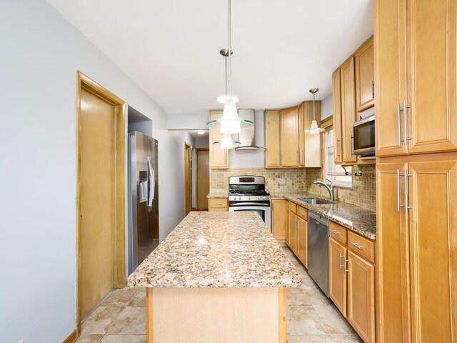 6005 N Canfield Ave, Chicago, IL 60631 - kitchen featuring appliances with stainless steel finishes, wall chimney range hood, a sink, decorative backsplash, and light stone counters