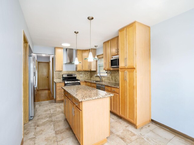 6005 N Canfield Ave, Chicago, IL 60631 - kitchen with appliances with stainless steel finishes, wall chimney range hood, tasteful backsplash, light stone counters, and a kitchen island
