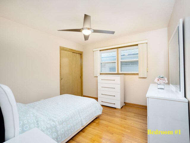 6005 N Canfield Ave, Chicago, IL 60631 - bedroom featuring light wood-style floors, baseboards, a closet, and a ceiling fan