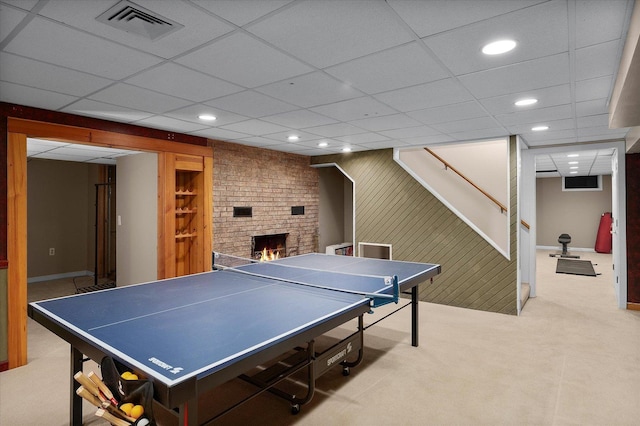 603 Shabbona Trl, Batavia, IL 60510 - game room featuring carpet floors, a brick fireplace, recessed lighting, and a drop ceiling