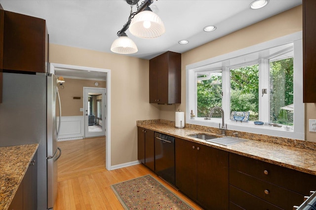 603 Shabbona Trl, Batavia, IL 60510 - kitchen with freestanding refrigerator, dishwasher, dark brown cabinets, pendant lighting, and recessed lighting