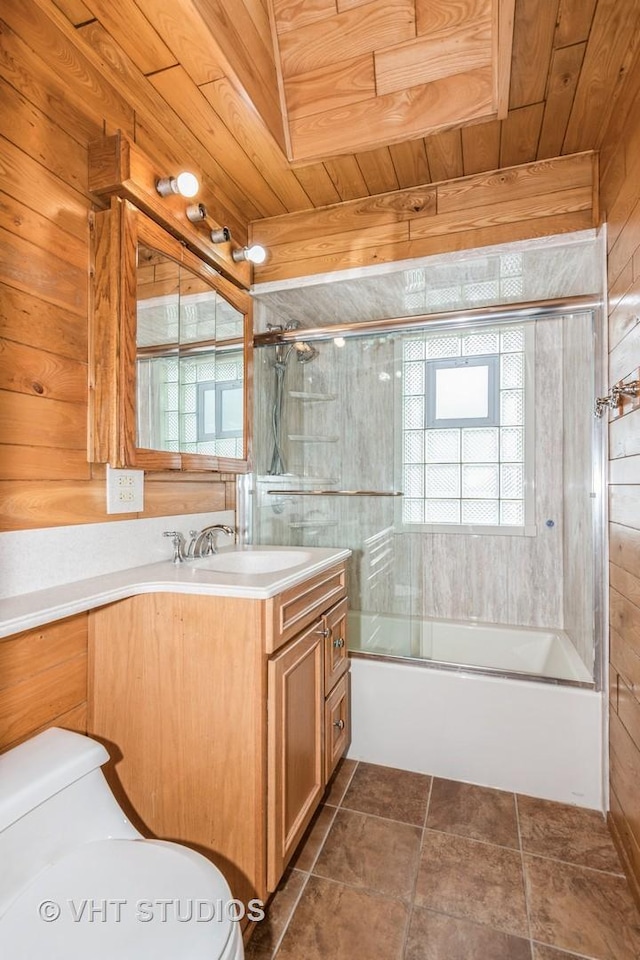 945 S Wolf Rd, Des Plaines, IL 60016 - full bathroom featuring vanity, enclosed tub / shower combo, healthy amount of natural light, wooden walls, and wooden ceiling