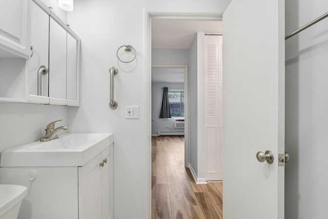 3515 Central Rd Unit 103, Glenview, IL 60025 - bathroom featuring vanity, a baseboard heating unit, and wood finished floors