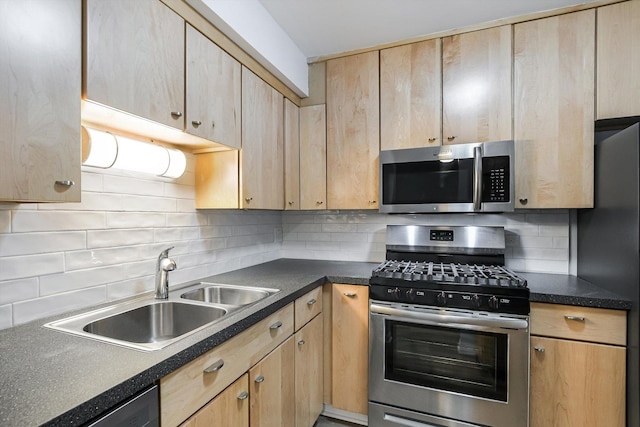 3515 Central Rd Unit 103, Glenview, IL 60025 - kitchen with stainless steel appliances, light brown cabinetry, decorative backsplash, and dark countertops