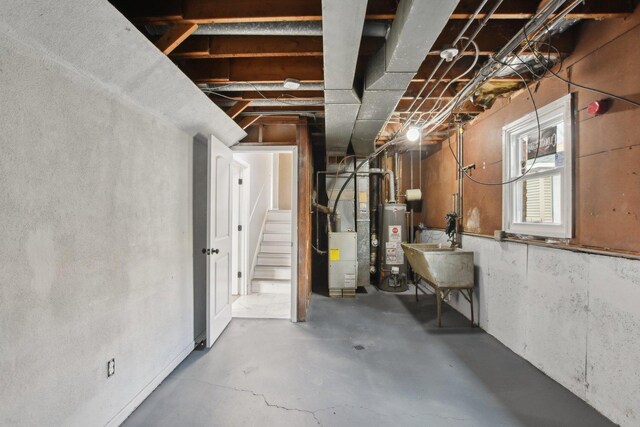1848 172nd St, East Hazel Crest, IL 60429 - basement with gas water heater, a sink, heating unit, and stairs