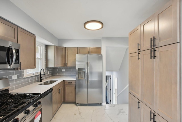 1848 172nd St, East Hazel Crest, IL 60429 - kitchen featuring stainless steel appliances, light marble finish flooring, a sink, decorative backsplash, and light countertops