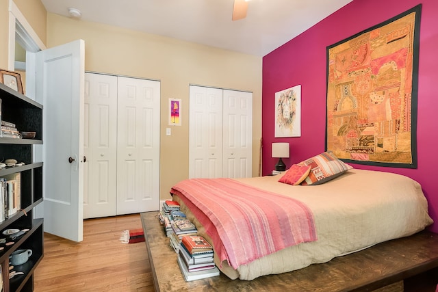 206 S Lombard Ave Unit 206B, Oak Park, IL 60302 - bedroom with multiple closets, wood finished floors, and a ceiling fan