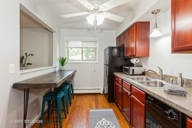 5730 Concord Ln Unit 7, Clarendon Hills, IL 60514 - kitchen featuring a baseboard heating unit, black dishwasher, light wood-style floors, ceiling fan, and dark brown cabinets