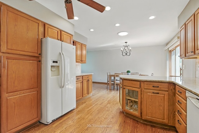 1703 Wilmette St, Wheaton, IL 60187 - kitchen with white appliances, a ceiling fan, a peninsula, light wood-type flooring, and recessed lighting