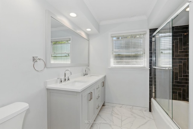 1703 Wilmette St, Wheaton, IL 60187 - bathroom with toilet, marble look tile flooring, double vanity, ornamental molding, and combined bath / shower with glass door