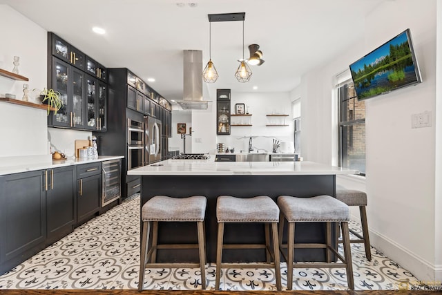 7321 S S Shore Dr Unit 10A, Chicago, IL 60649 - kitchen featuring island range hood, beverage cooler, open shelves, a breakfast bar, and glass insert cabinets