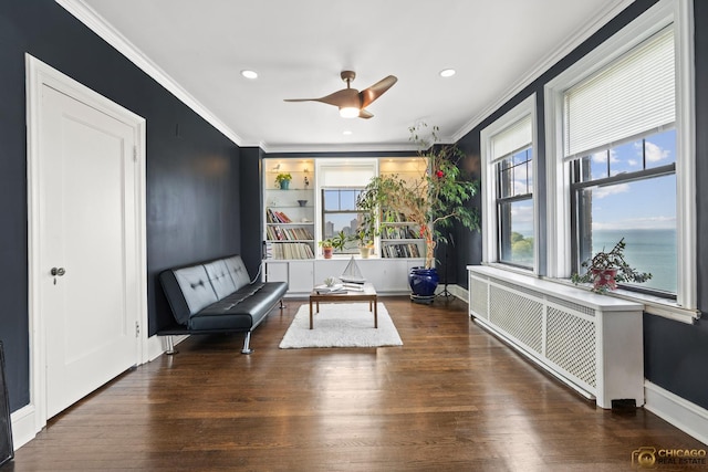 7321 S S Shore Dr Unit 10A, Chicago, IL 60649 - sitting room featuring crown molding, radiator heating unit, recessed lighting, wood finished floors, and a ceiling fan