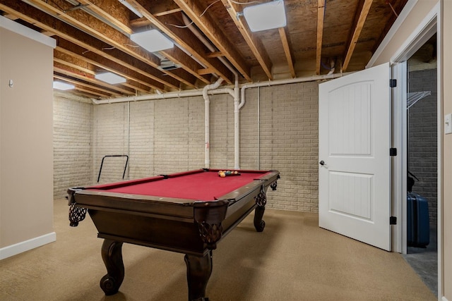 1720 Eide Rd, Bloomington, IL 61704 - game room with brick wall, pool table, and light colored carpet