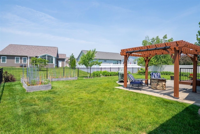 1720 Eide Rd, Bloomington, IL 61704 - fenced backyard with a pergola, a patio area, and a fire pit