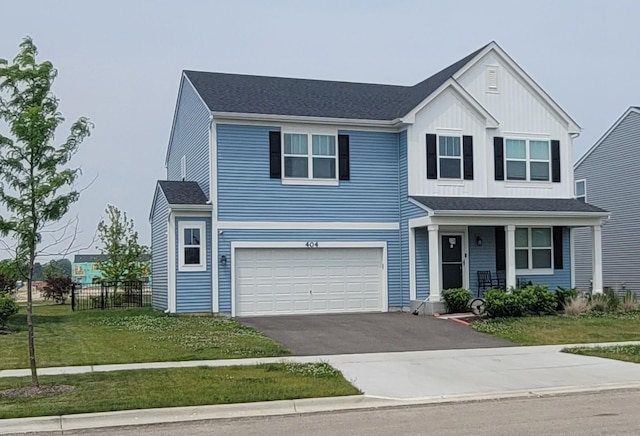 404 Radcliff Ln, South Elgin, IL 60177 - traditional home featuring a garage, a porch, asphalt driveway, board and batten siding, and roof with shingles