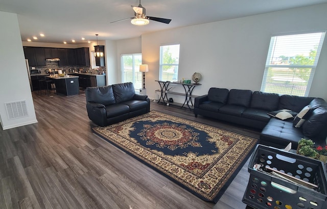 404 Radcliff Ln, South Elgin, IL 60177 - living room featuring ceiling fan, dark wood finished floors, and recessed lighting