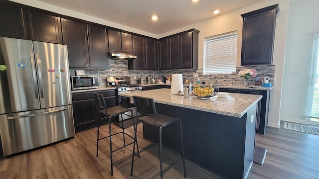 404 Radcliff Ln, South Elgin, IL 60177 - kitchen featuring stainless steel appliances, under cabinet range hood, dark wood finished floors, tasteful backsplash, and recessed lighting