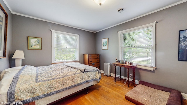 816 Rosedale Ter, Crete, IL 60417 - bedroom with multiple windows, wood finished floors, crown molding, radiator heating unit, and baseboards