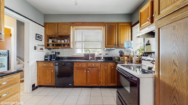 816 Rosedale Ter, Crete, IL 60417 - kitchen featuring black dishwasher, range with electric cooktop, a sink, dark countertops, and decorative backsplash