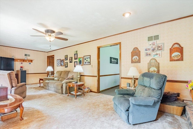 419 Circle Dr, Odell, IL 60460 - living area with ceiling fan, ornamental molding, and carpet floors