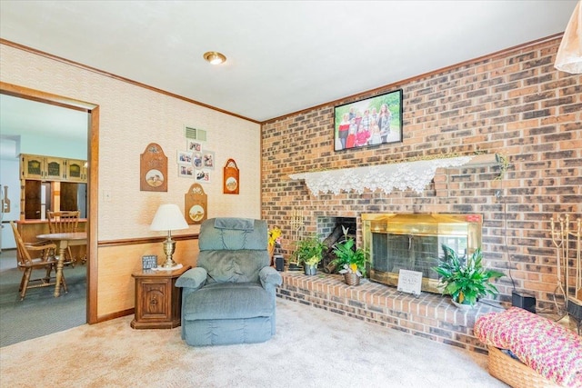 419 Circle Dr, Odell, IL 60460 - carpeted living area featuring a brick fireplace and ornamental molding