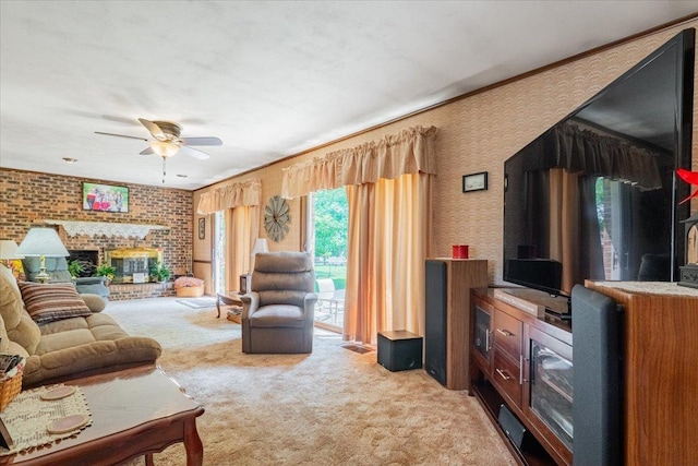 419 Circle Dr, Odell, IL 60460 - living room with carpet flooring, a ceiling fan, and a fireplace